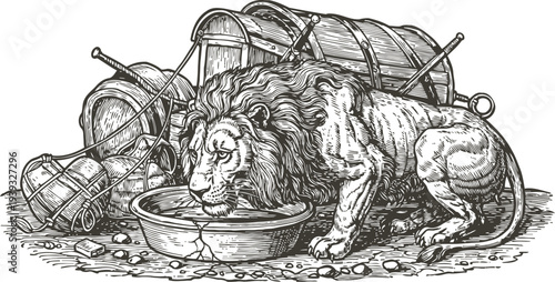 vintage illustration of a thirsty lion drinking water from a bowl near barrels and ropes