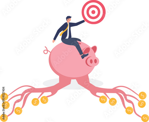Businessman Riding Piggy Bank Towards Target