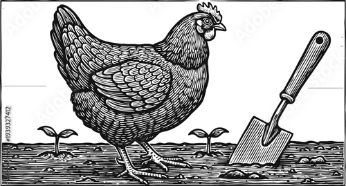 detailed vintage illustration of a chicken standing in soil with garden trowel and sprouting plants