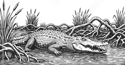 Alligator resting in swamp water with mangrove roots and marsh grasses detailed black and white drawing