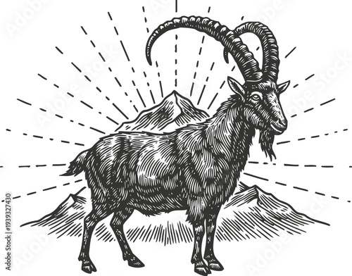 Mountain goat standing with large curved horns in front of mountain peaks and radiant rays