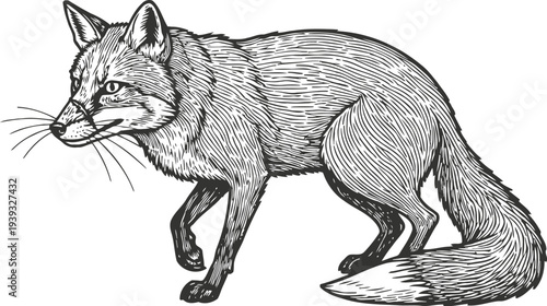 Detailed black and white fox illustration wild animal sketch with intricate fur texture and realistic pose