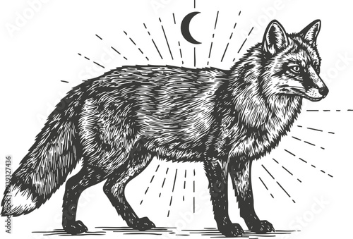 Black fox illustration with crescent moon and rays in vintage engraving style, mystical animal drawing