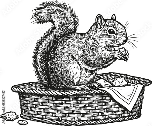 detailed black and white illustration of a squirrel eating a nut in a wicker basket with a cloth