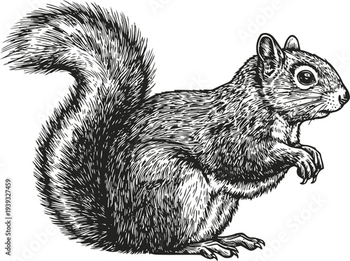 Detailed black and white illustration of a squirrel standing on hind legs with bushy tail and alert eyes