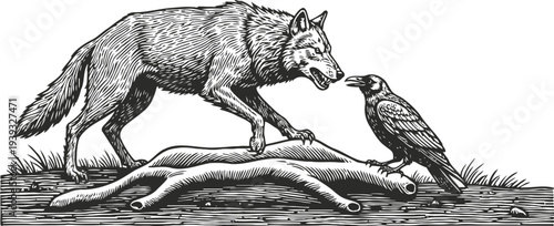 Wolf and raven interacting beside a fallen deer, detailed black and white nature illustration