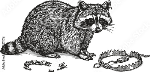 curious raccoon next to broken chain trap, wildlife escape, animal freedom and survival