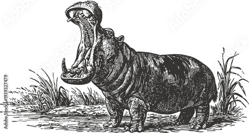 Detailed vintage illustration of a hippo standing in water with open mouth and surrounding reeds