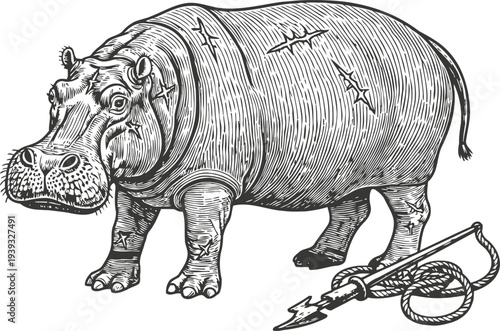 Detailed vintage engraving of a hippopotamus with scars standing next to a spear and rope
