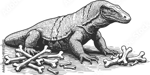 Komodo dragon reptile lying near scattered animal bones in detailed black and white vintage engraving