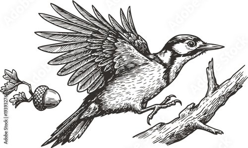 Woodpecker bird taking flight from tree branch with falling oak acorn illustration