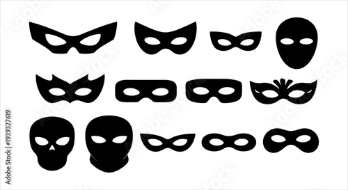 Set of various mysterious dark masks representing anonymity and secret identities