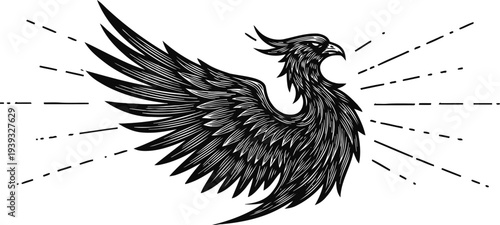 Black phoenix rising with spread wings in tribal tattoo with sharp feathers and fierce expression