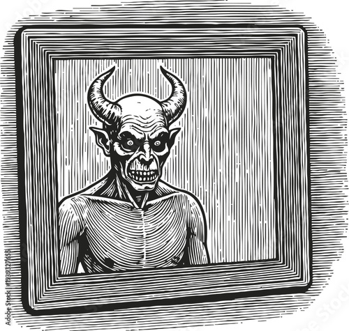 Terrifying demon with horns inside framed window scary mythical creature with evil expression and skeletal body