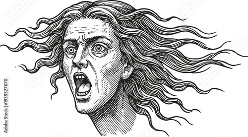Ancient mythological medusa head with snakes hair screaming in rage and horror engraving