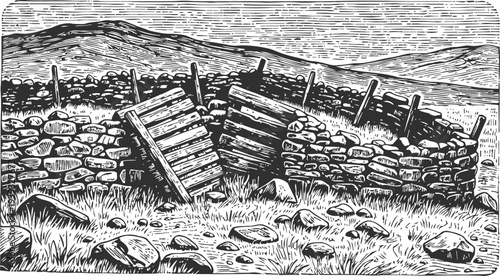 Hand drawn rustic stone fence with wooden gate in countryside landscape sketch engraving