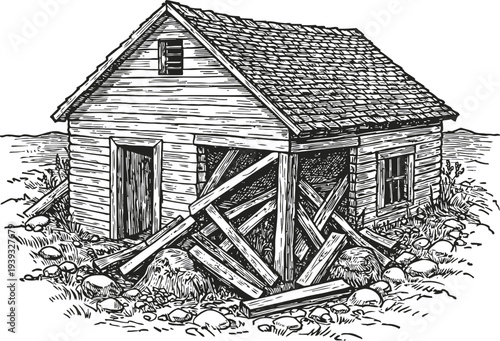 Old abandoned wooden house in ruins, broken structure and collapsed roof in rustic countryside scene