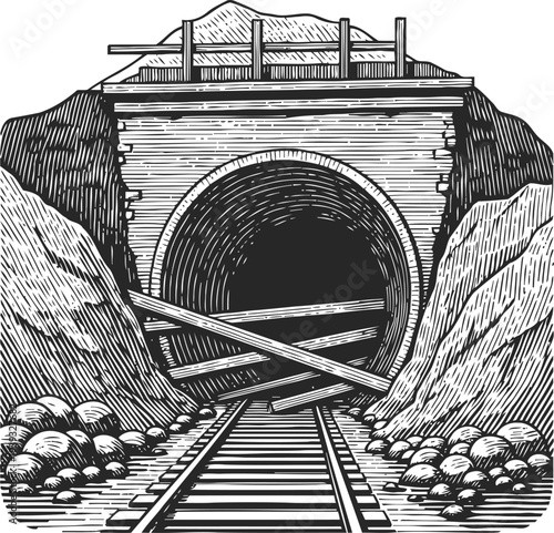 Blocked railroad tunnel entrance with wooden barriers and rocky surroundings in vintage engraving
