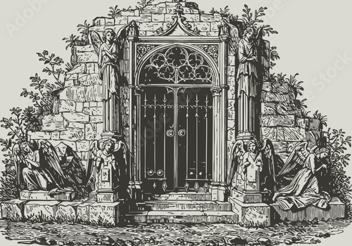 Ancient stone mausoleum entrance with ornate door and angel sculptures in detailed vintage engraving