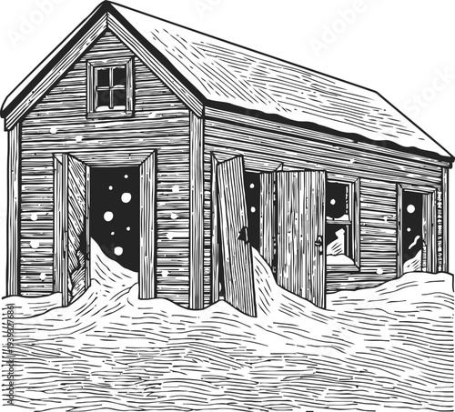 Old wooden barn in heavy snowdrifts with open doors and windows in winter landscape