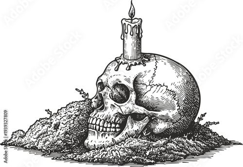 Human skull with burning candle on top resting on moss detailed vintage ink drawing