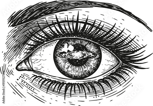 Detailed black and white ink drawing of a human eye with galaxy iris and fine line shading