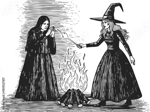 Two witches around campfire woman in pointed hat with wand, ritual magic scene in vintage