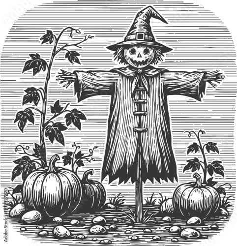 Halloween scarecrow with pumpkin patch spooky autumn garden, creepy jack o' lantern decoration and seasonal harvest plants