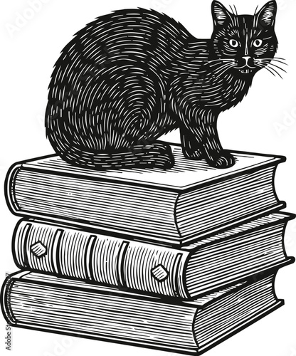 Black cat sitting on a stack of three old hardcover books vintage engraving