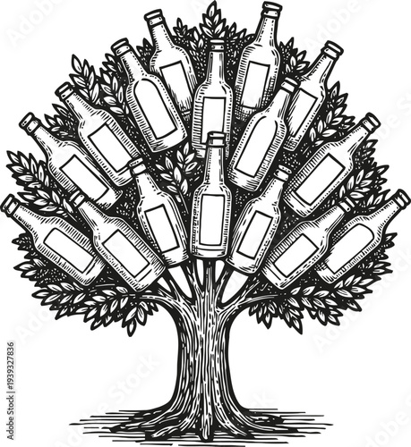 Tree with multiple bottles growing on branches concept of beer, beverage, drink symbol with leafy elements