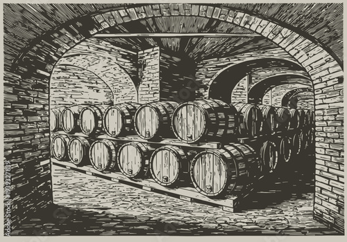 Wine cellar interior with wooden barrels stacked in arched brick storage room