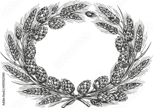 Decorative wreath made of wheat ears and hop cones vintage botanical illustration circle frame