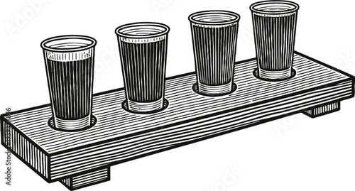 Wooden beer flight paddle with four filled glasses for beer tasting and sampling