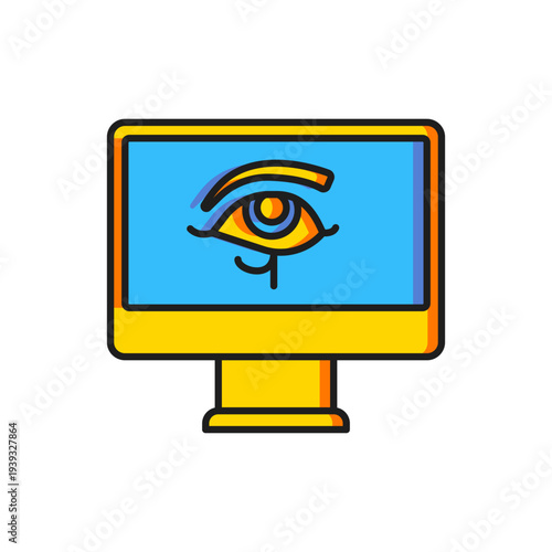 Color Eye of Horus on monitor icon isolated on white background. Ancient Egyptian goddess Wedjet symbol of protection, royal power and good health. Flat filled outline style with shadow. Vector