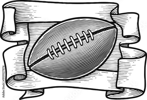 Vintage american football ball with ribbon banner hand drawn sketch of rugby sport equipment