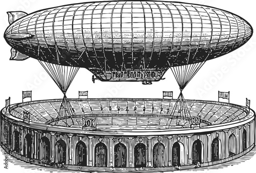 Vintage airship flying above an ancient roman coliseum stadium with flags and arches