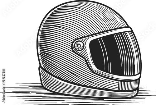 Detailed black and white illustration of a full face motorcycle helmet with visor and aerodynamic design