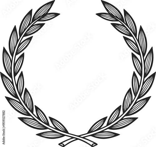 black laurel wreath with crossed stems and detailed leaves, classical victory emblem design