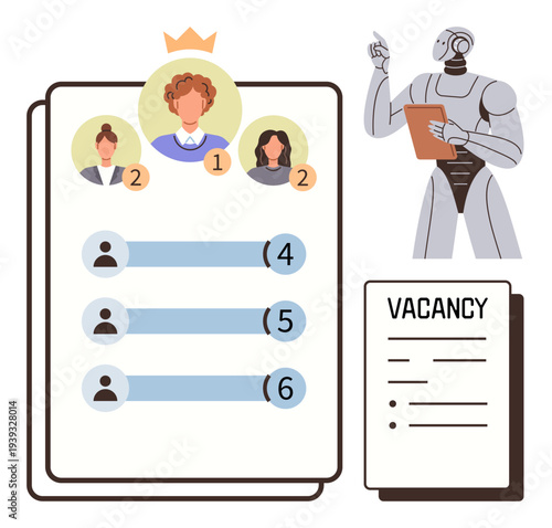 Recruitment, job searching, AI hiring, candidate ranking, human resources, technology in employment. Robot analyzing candidates and job applicants on a vacancy list. Recruitment and AI hiring process