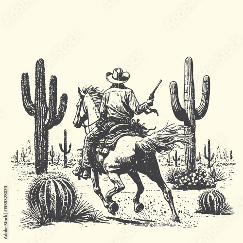Cowboy riding horse with rifle in desert landscape with saguaro cacti