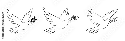 Three doves with olive branches, symbols of peace, flying majestically
