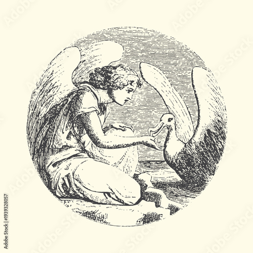 Mother goose feeding gosling vintage engraving illustration black white sketch art