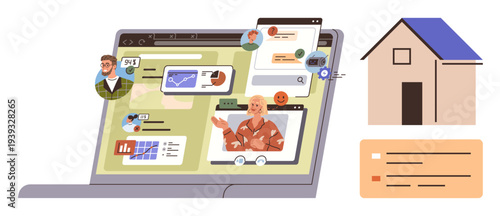 Remote work, online education, virtual meetings, home business, digital networking, e-learning. Laptop showing virtual calls, charts icons. Remote work and online education