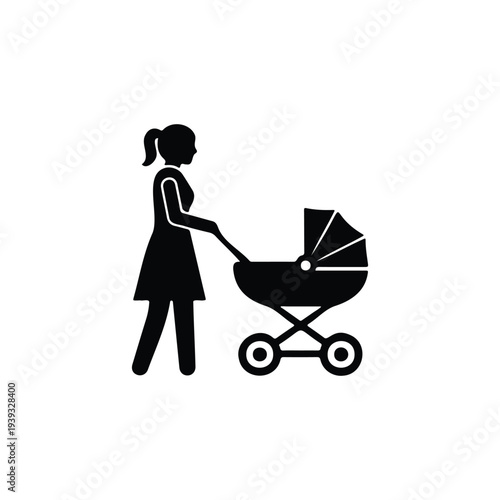 Mother with baby stroller silhouette vector flat design on white background.