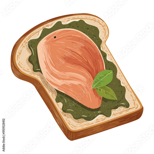 Savory toast topped with grilled chicken breast and fresh green pesto sauce spread - Vector Illustration