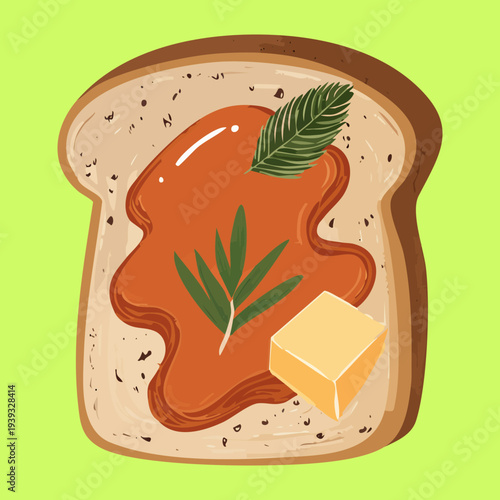Gourmet toast with thick jam spread and melted butter garnished with aromatic herb sprig - Vector Illustration