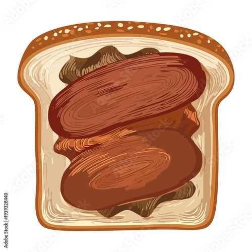 Toasted bread topped with grilled beef slices and dark savory gravy sauce garnish - Vector Illustration