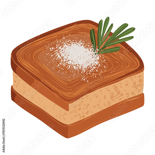 Square brownie cake with sugar dusting and rosemary herb sprig for elegant dessert - Vector Illustration