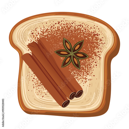 Cinnamon toast with sugar spice mix and star anise decoration for cozy breakfast - Vector Illustration