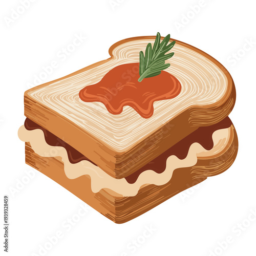 Toasted sandwich with strawberry jam and creamy filling for sweet afternoon snack - Vector Illustration